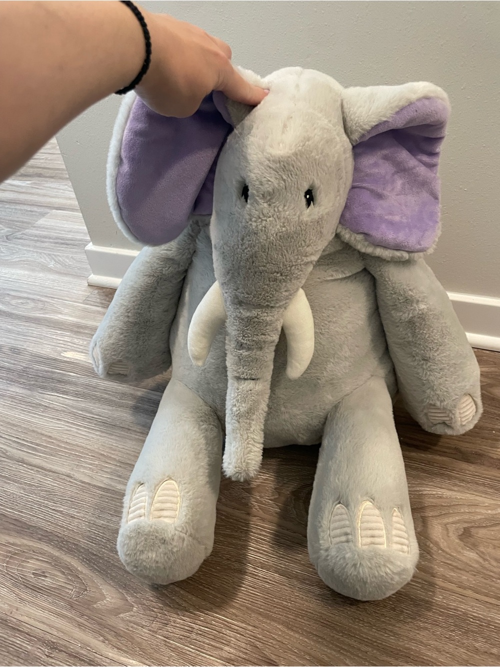 Large Gray Elephant Plush with Lavender Ears - Soft Stuffed Animal